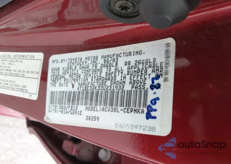 2003 Toyota Camry Le from USA, damaged, VIN 4T1BE32K33U231932